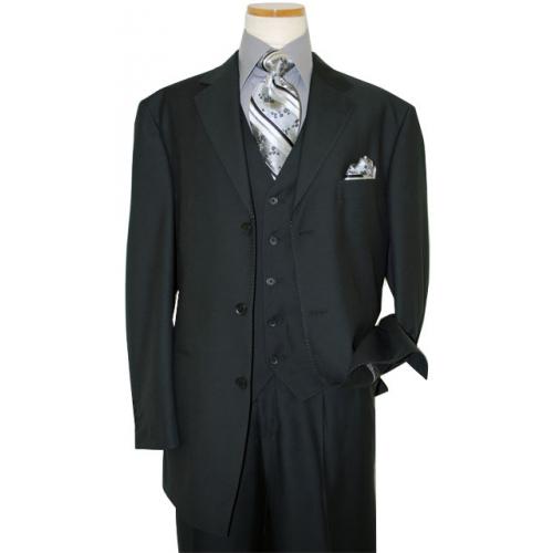Steve Harvey Classic Collection Solid Black With Silver Grey Hand-Pick Stitching Super 140's Vested Suit 6767